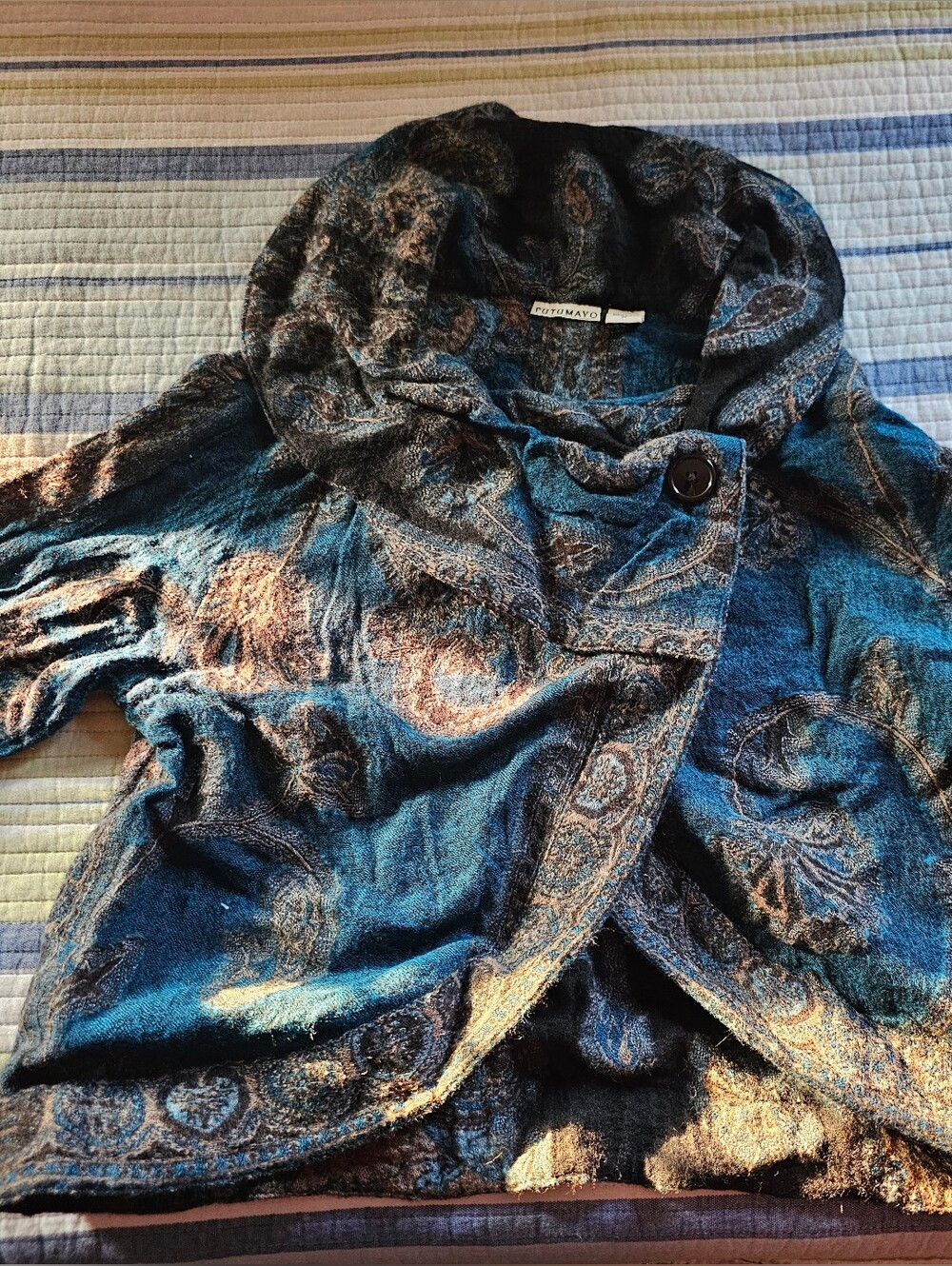 Textured Hooded Cardigan with Paisley Detail - Teal & Black -Putumayo